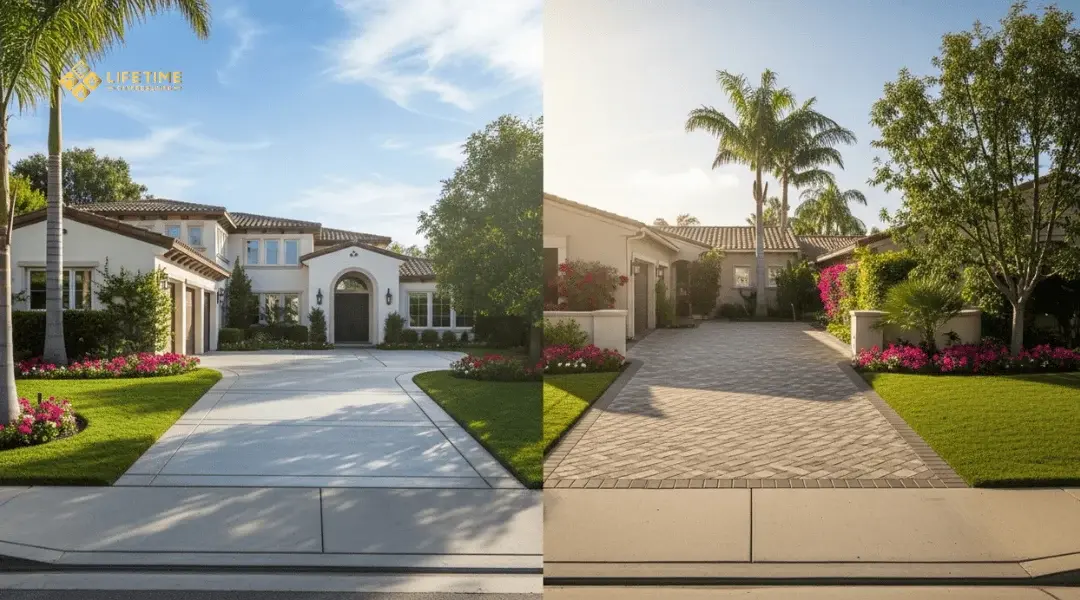 Modern Orange County home driveway comparing poured concrete side-by-side with interlocking pavers