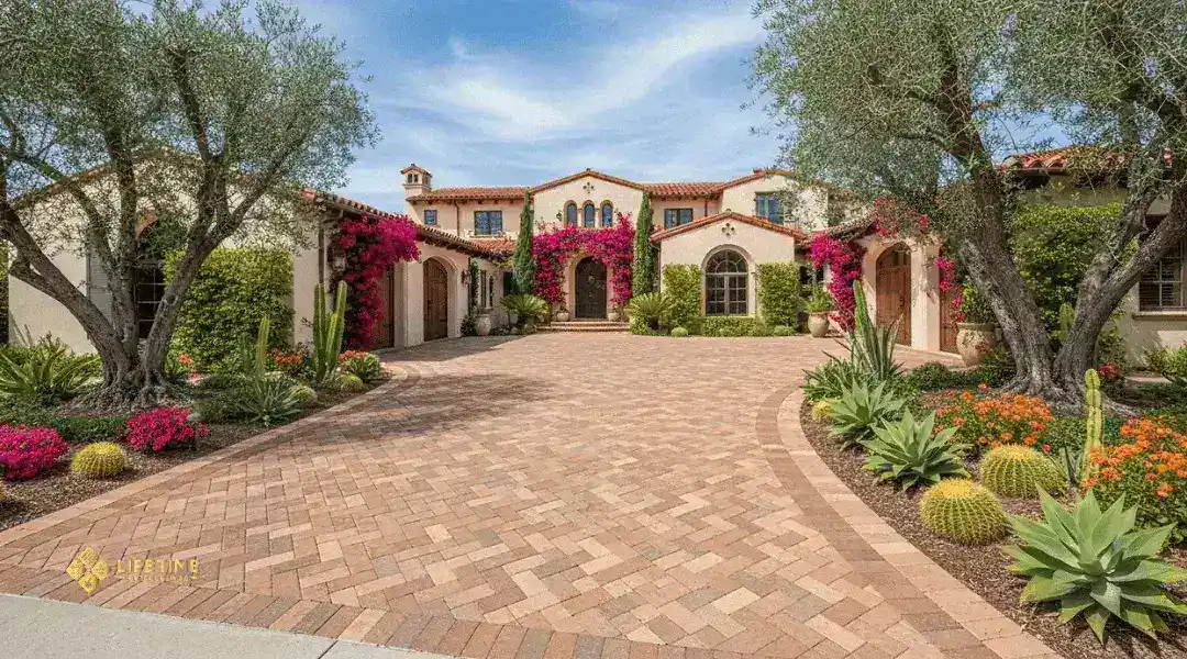 Modern driveway paved with interlocking stone pavers in a sunny Orange County yard