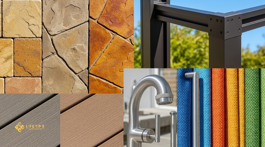 Outdoor remodeling materials for Orange County climate including stone pavers, composite decking, aluminum, and outdoor fabrics