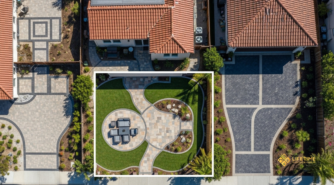 Comparison of small patio, medium backyard, and large driveway paver installations in Orange County showing cost differences by size and scope.