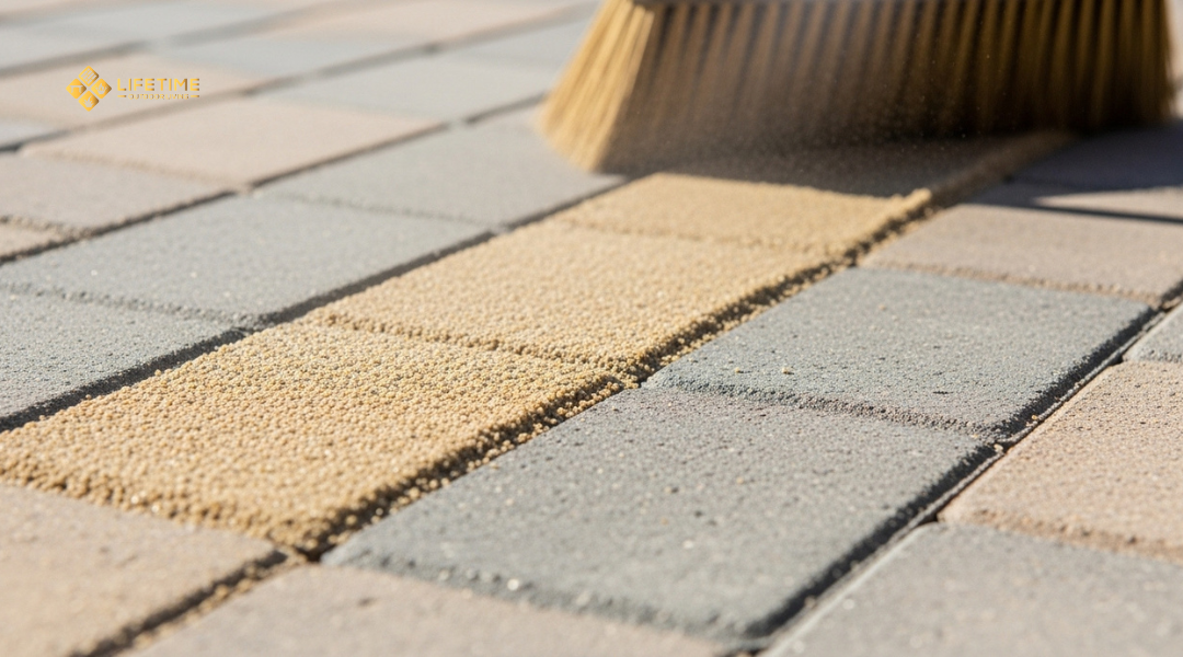 Contractor applying polymeric sand between paver joints to stabilize and prevent weed growth.