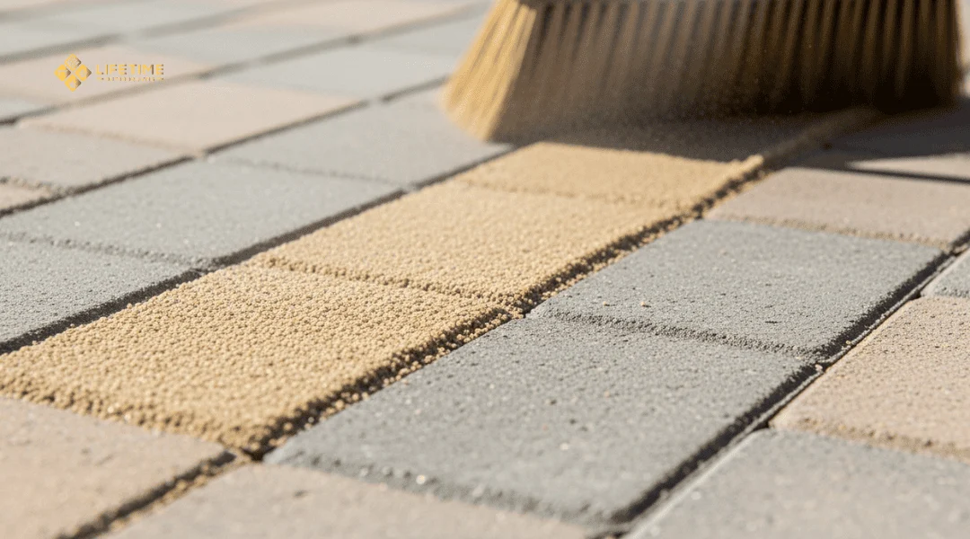 Contractor applying polymeric sand between paver joints to stabilize and prevent weed growth.