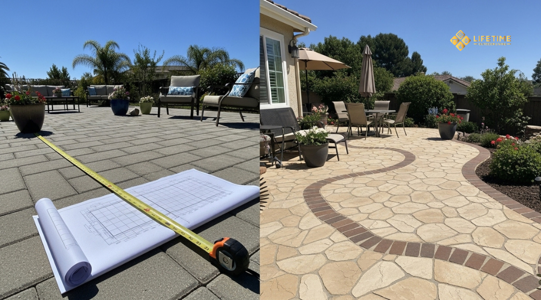 Comparison of cost-saving rectangular concrete paver layout vs. expensive curved natural stone design in Orange County patio installation.