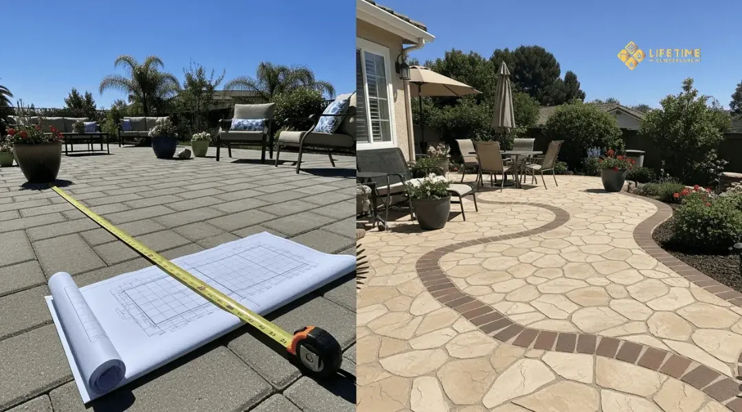 Comparison of cost-saving rectangular concrete paver layout vs. expensive curved natural stone design in Orange County patio installation.