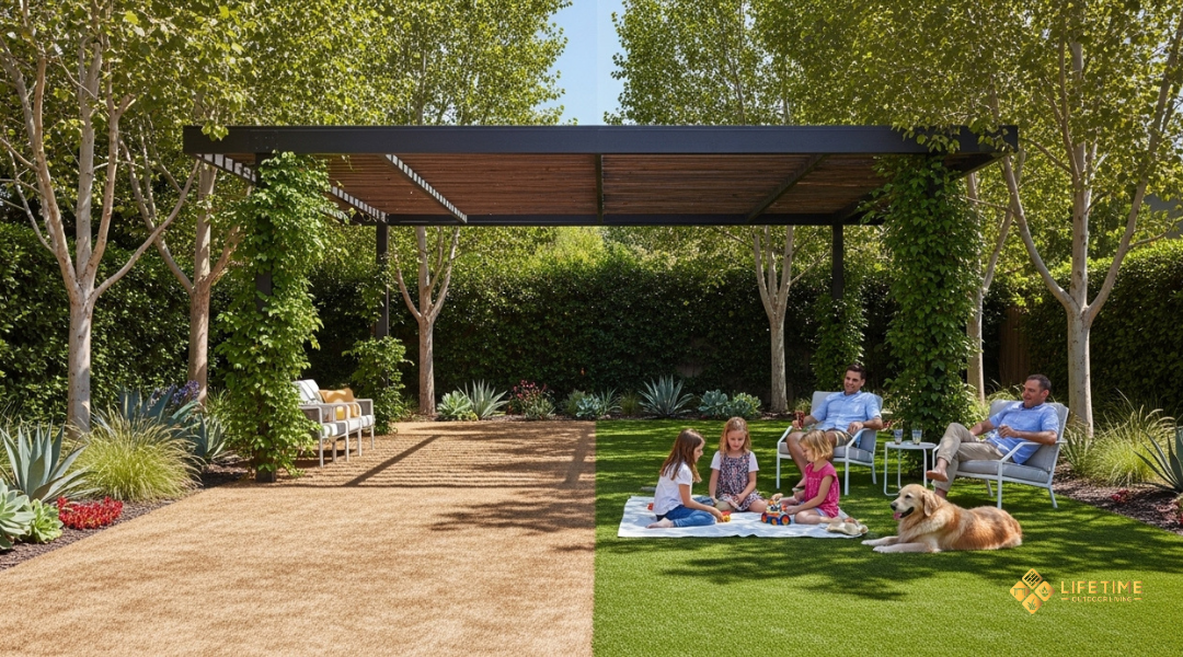 Modern artificial turf in Southern California with cooling infill and shaded areas to reduce heat buildup.