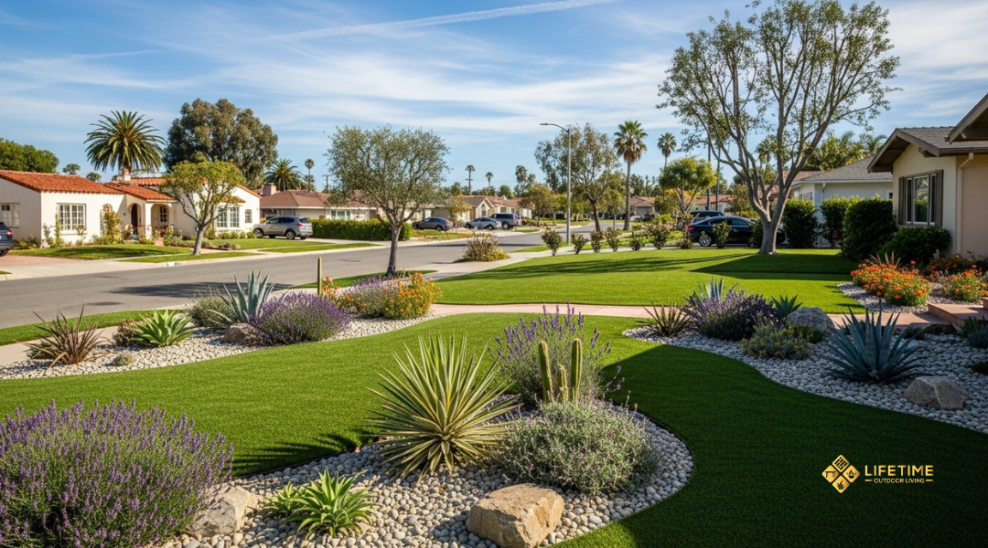 Southern California homes with artificial turf and drought-tolerant landscaping supporting regional water conservation.