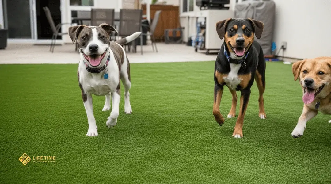 Dogs playing on pet-friendly artificial turf in Orange County with clean paws and no mud tracking indoors.