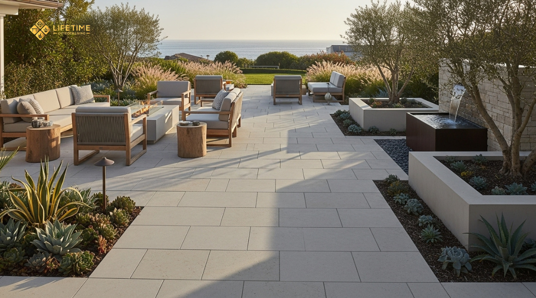 Durable coastal patio with interlocking concrete and stone pavers in Laguna Beach, designed to resist salt air, rain, and UV exposure.