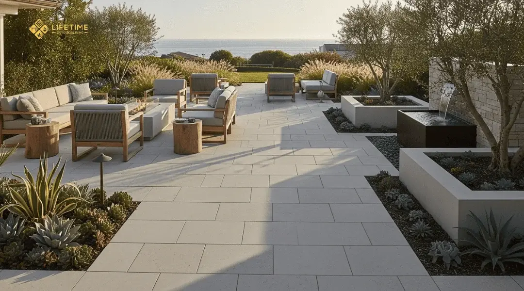 Durable coastal patio with interlocking concrete and stone pavers in Laguna Beach, designed to resist salt air, rain, and UV exposure.