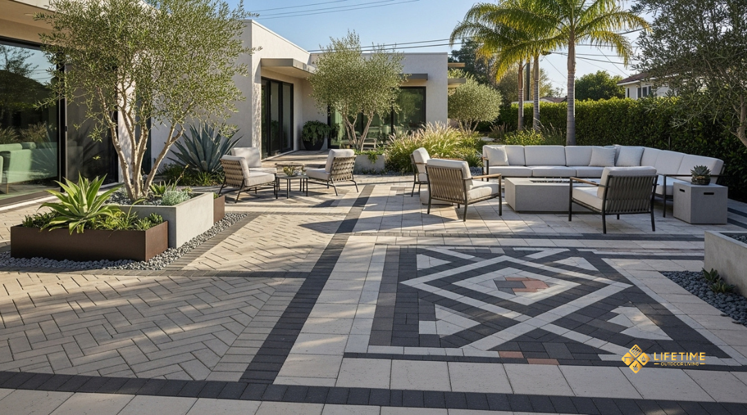 Orange County patio with herringbone, chevron, and modular paver patterns creating a modern geometric design.