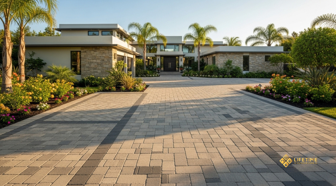 Orange County home with herringbone paver driveway and landscaped front yard boosting curb appeal.