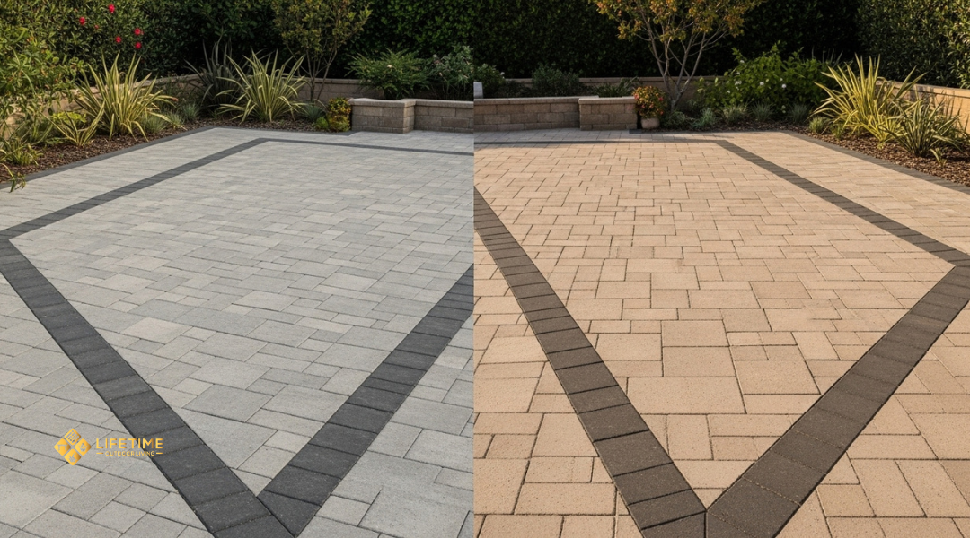 Patio with single-tone gray pavers, blended beige pavers, and dark accent borders for contrast.