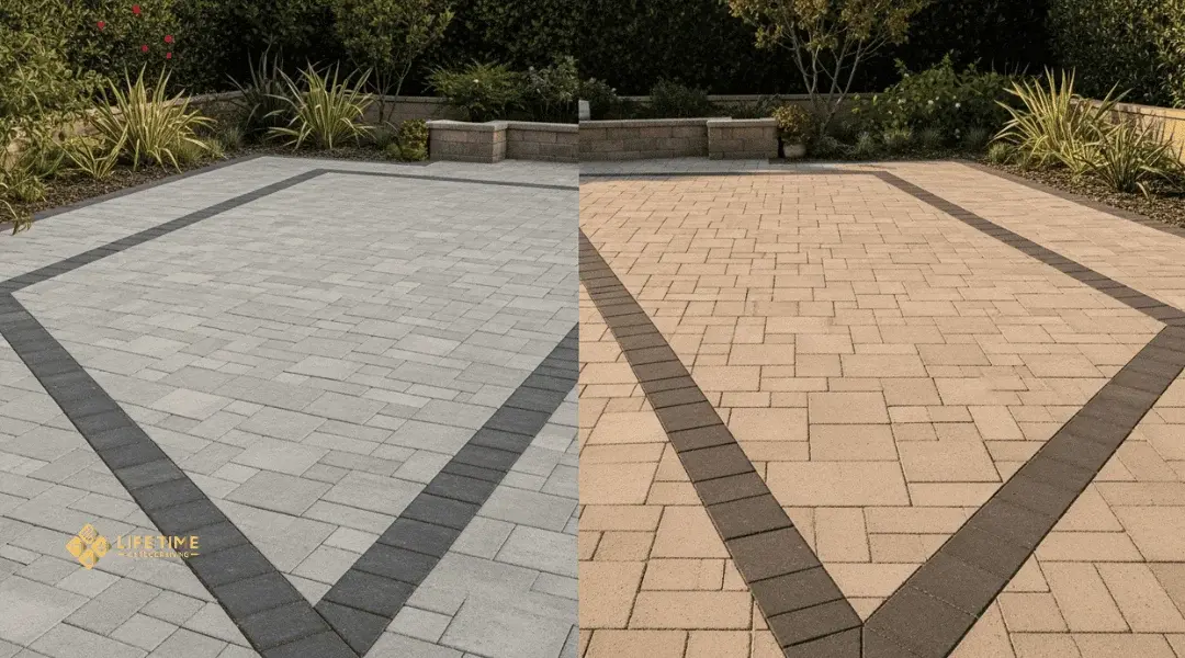 Patio with single-tone gray pavers, blended beige pavers, and dark accent borders for contrast.