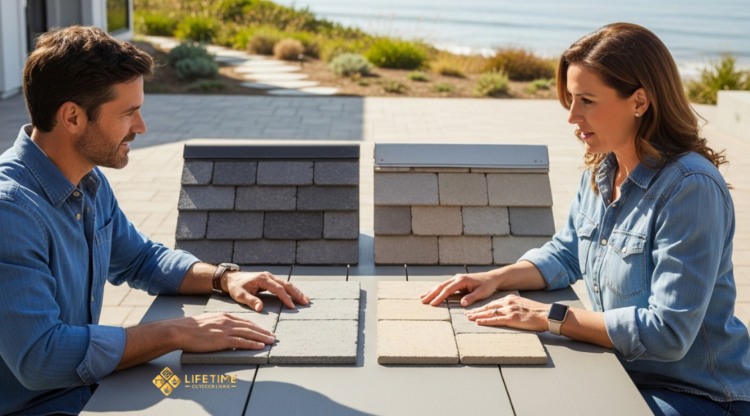 Designer showing paver color samples to homeowner during outdoor living consultation in Laguna Beach.