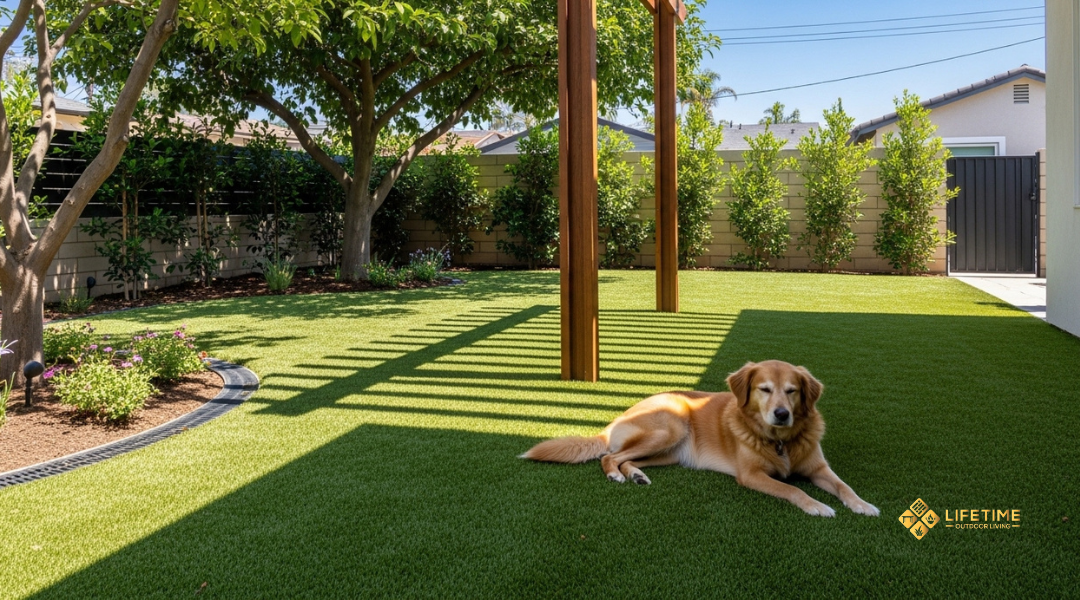 Pet-friendly artificial turf in Orange County with shade, lighter turf color, and cooling infill for lower surface temperatures.