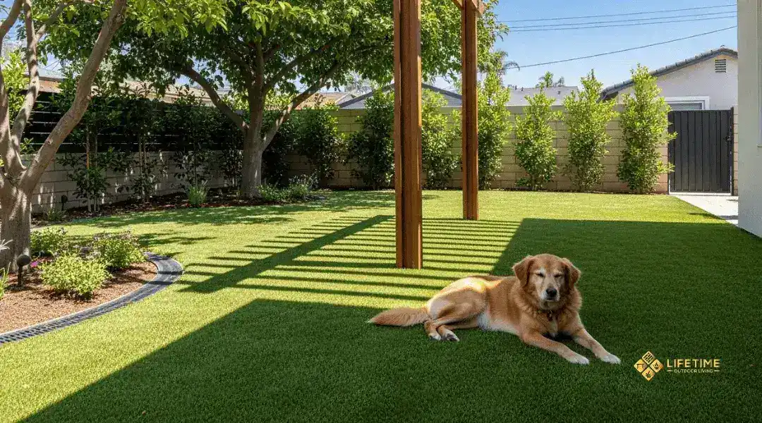 Pet-friendly artificial turf in Orange County with shade, lighter turf color, and cooling infill for lower surface temperatures.