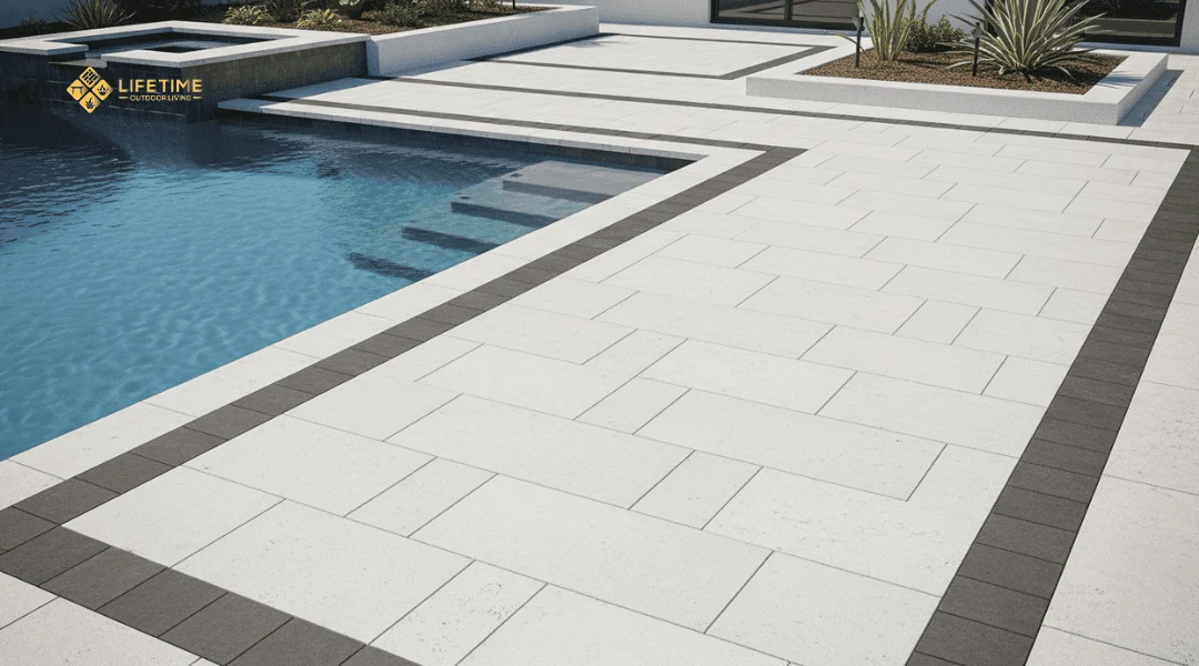 Slip resistant travertine and porcelain pavers on a modern pool deck
