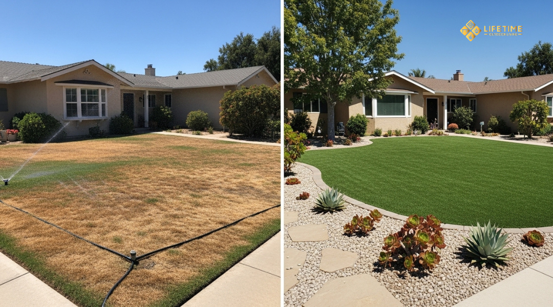 Comparison of traditional grass lawn turning brown in drought versus artificial turf lawn staying green in Southern California.