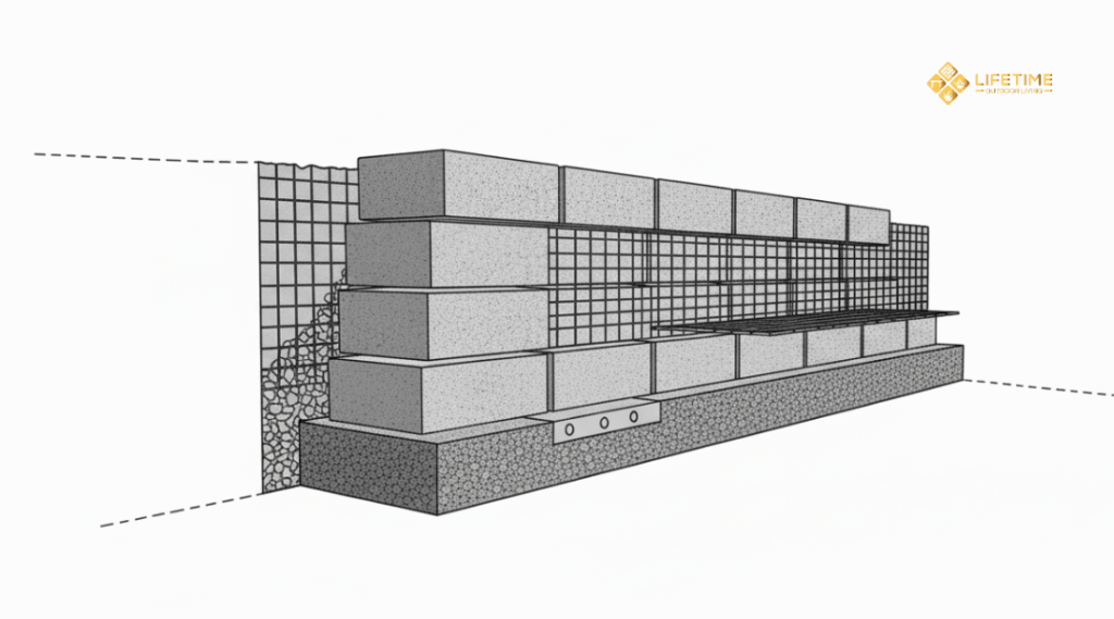 retaining wall base with gravel foundation, geogrid reinforcement, and setback alignment