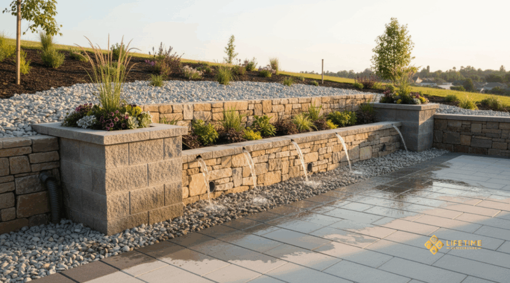 Retaining wall with weep holes and drain pipes guiding water runoff in an Orange County yard