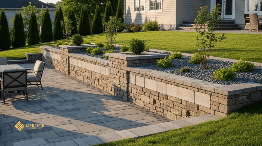 single low retaining wall on gentle slope with stone blocks, planter beds, and gravel drainage