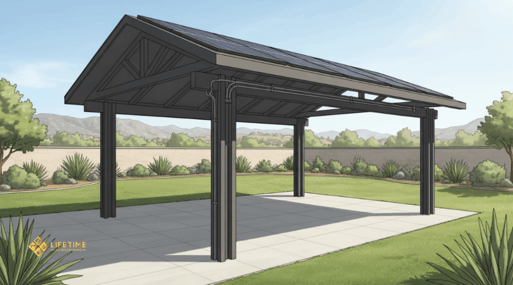 Solar-equipped patio cover showing electrical conduit and structural reinforcement in Orange County
