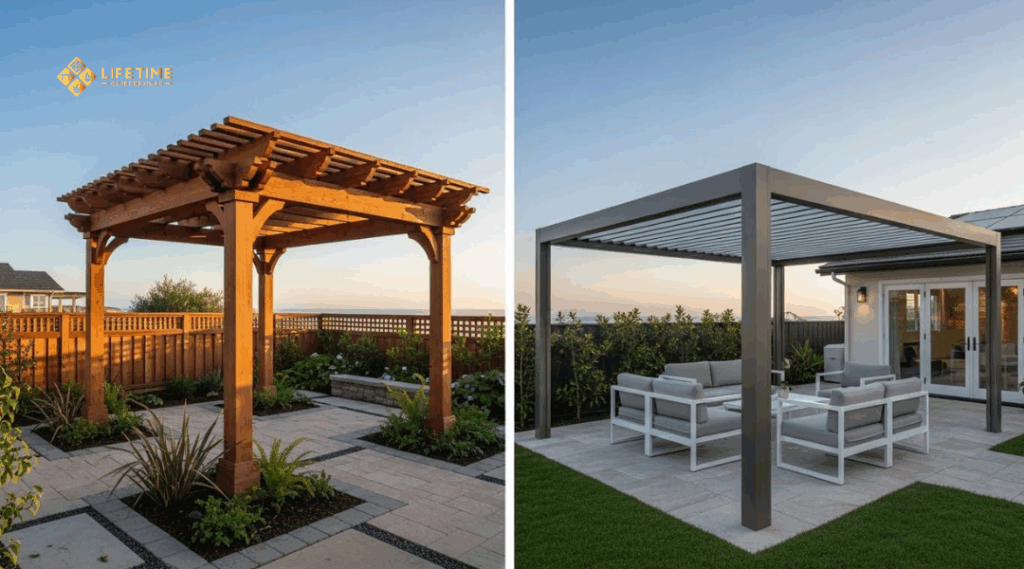 Wood and aluminum pergola styles compared side-by-side in a coastal Orange County backyard.