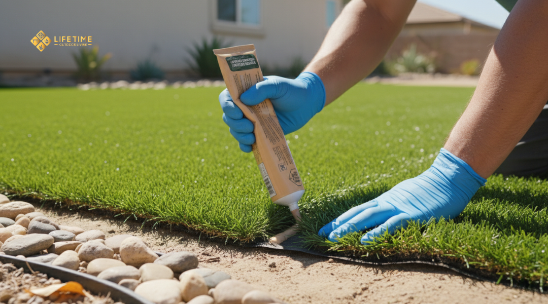 Homeowner inspecting and repairing artificial turf seams with adhesive along garden edges in Southern California