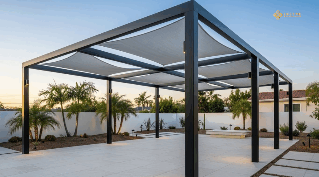 modern black steel pergola with slim beams and powder-coated finish in a Southern California backyard