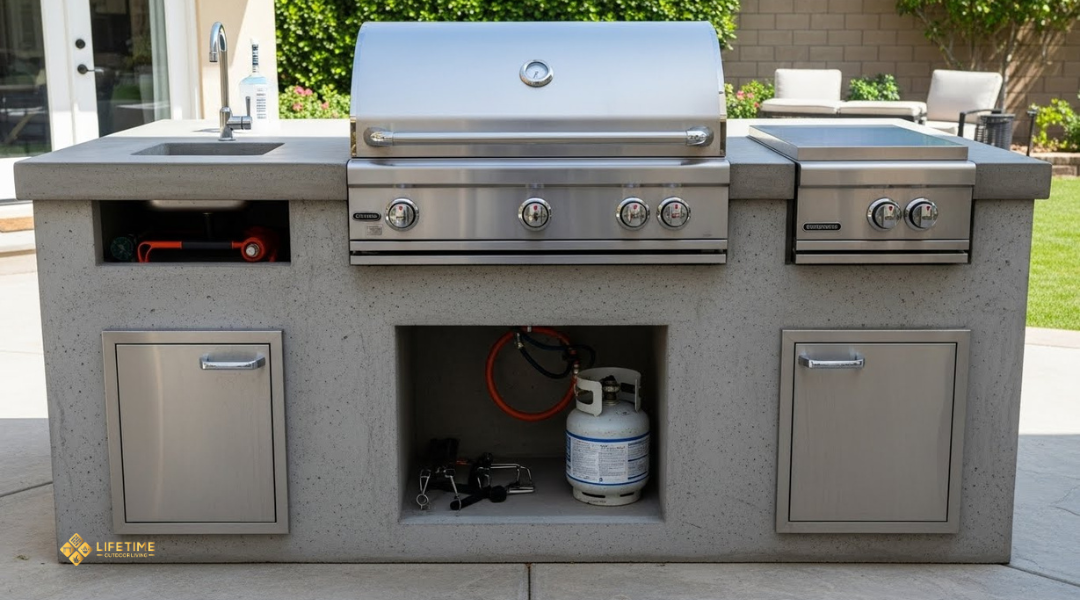 Built-in stainless steel grill installed in a stone outdoor kitchen island with side countertops and storage cabinets.