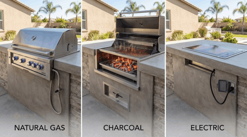Gas, charcoal, and electric built-in grills displayed in a modern outdoor kitchen island for comparison.