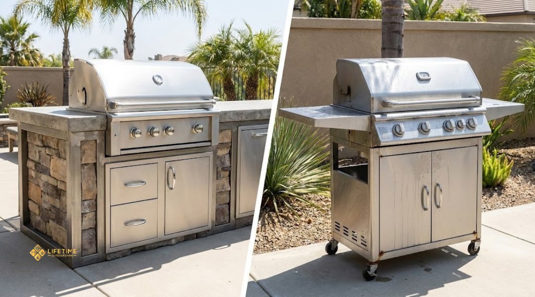 Side-by-side comparison of a built-in stainless steel grill and a freestanding cart grill highlighting durability and ventilation differences.