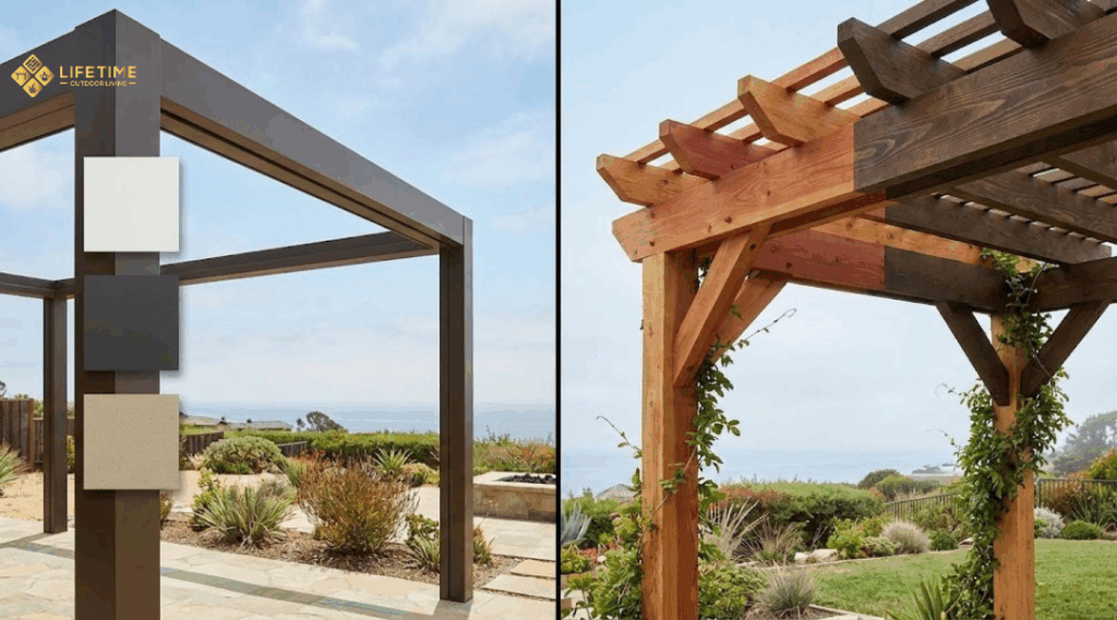 Color and finish options for aluminum and wood pergolas shown side-by-side in a coastal Orange County setting.