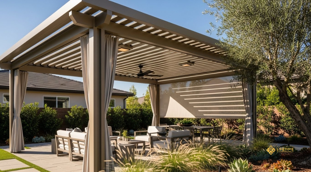 covered pergola with louvered roof, privacy screens, and built-in lighting in a Southern California backyard