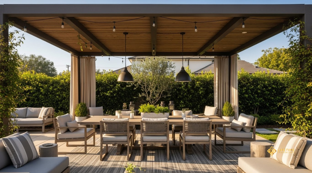 outdoor dining area under a pergola with string lights and seating for eight in a Southern California backyard