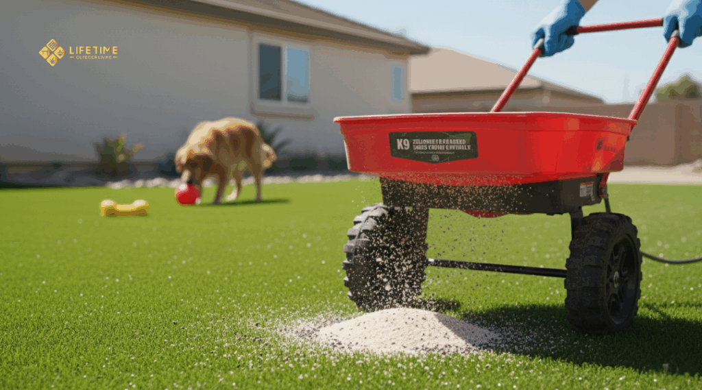 Pet-safe zeolite and K9 sand infill being spread on artificial turf for odor control in a Southern California yard