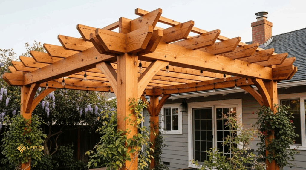 rustic cedar wooden pergola with exposed grain and climbing vines in a Southern California backyard