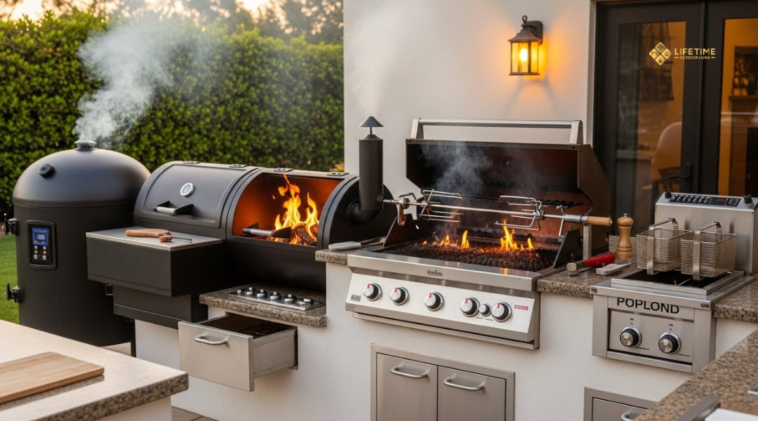 outdoor kitchen with built-in pellet smoker, offset smoker, rotisserie grill, and specialty cooking appliances in an Orange County backyard