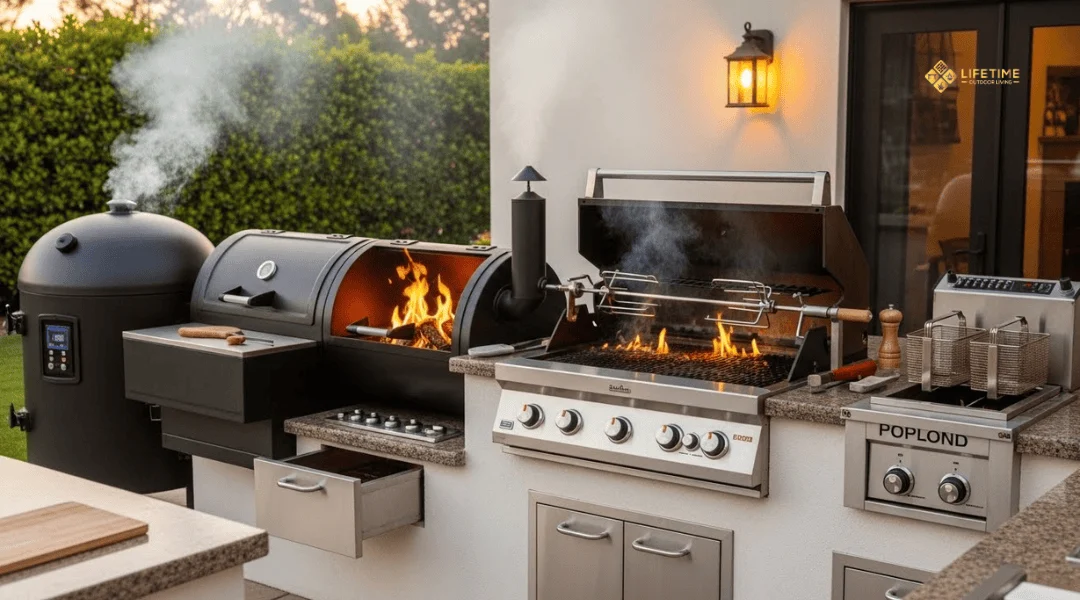 outdoor kitchen with built-in pellet smoker, offset smoker, rotisserie grill, and specialty cooking appliances in an Orange County backyard