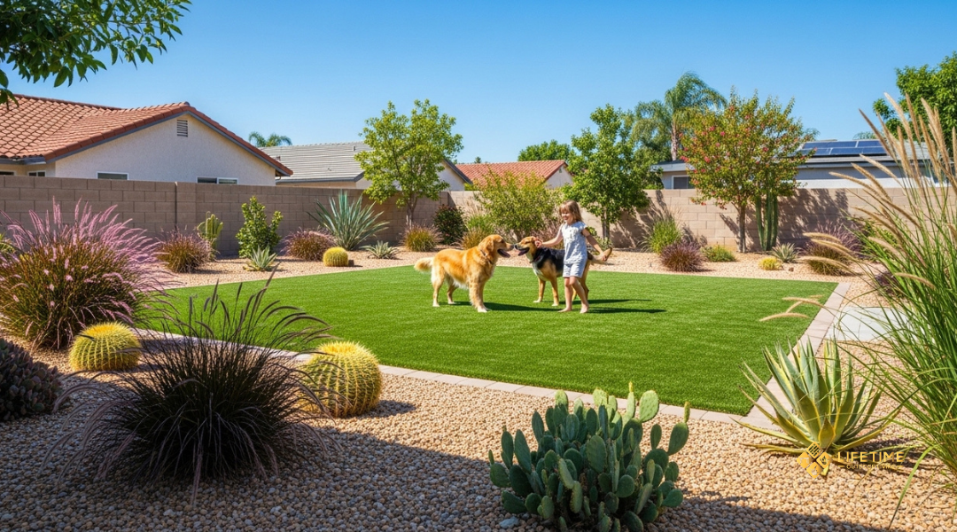 Synthetic turf lawn in Southern California backyard with drought-tolerant landscaping and pet-friendly play area