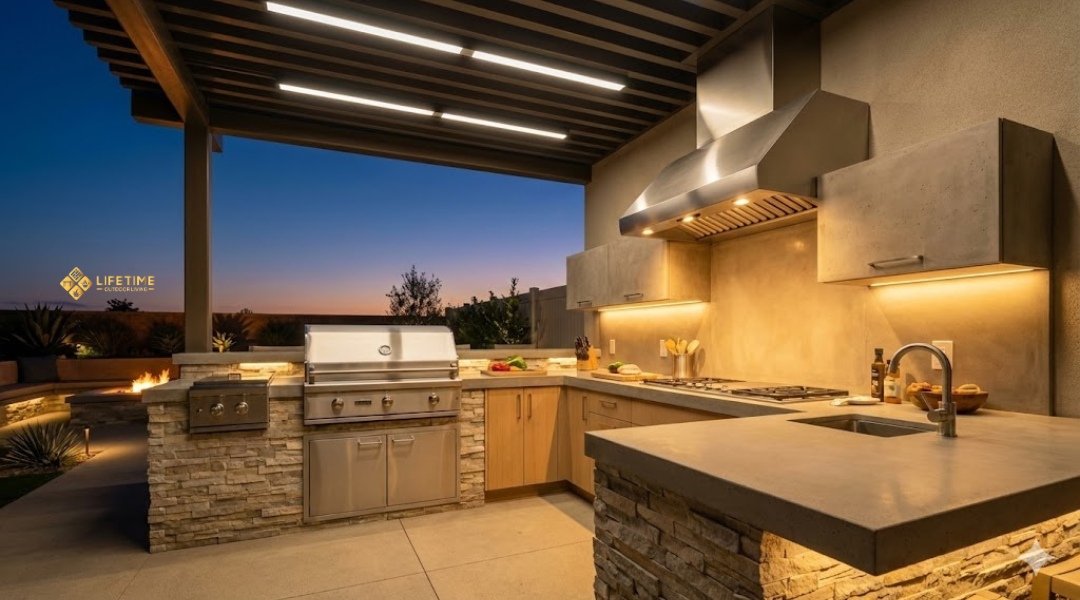 task lighting over grill and prep areas in an outdoor kitchen with bright LED fixtures for safe nighttime cooking