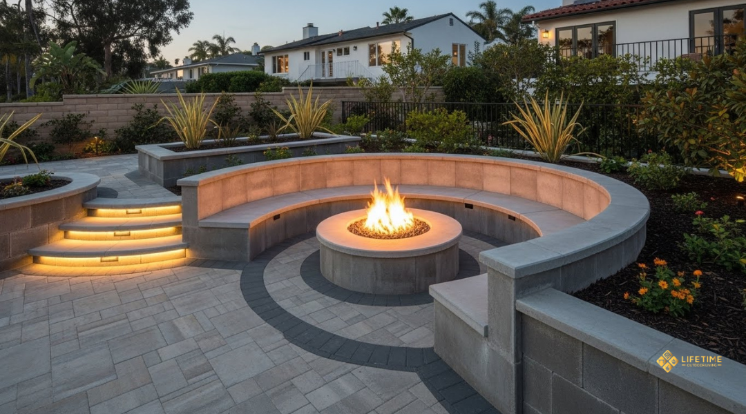Built-in fire pit with curved stone seating and integrated hardscape in an Orange County backyard