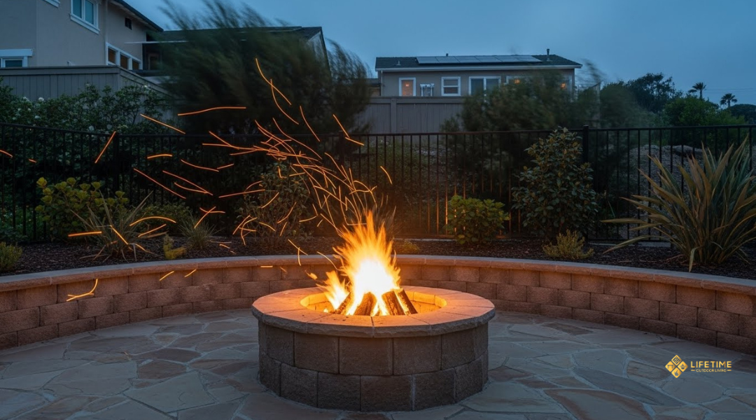 Backyard fire pit in an Orange County coastal yard with embers drifting in light onshore wind during a dry evening