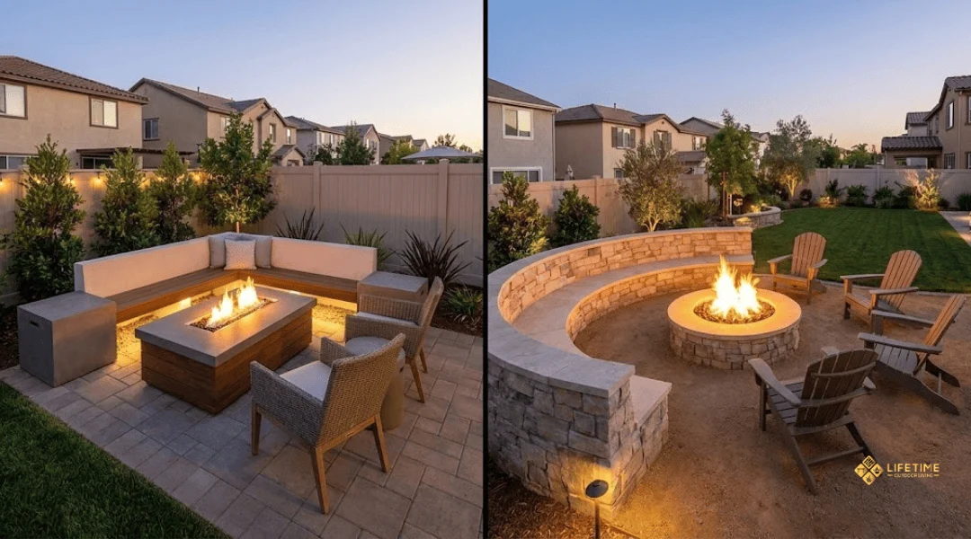 Fire pit layouts showing small patio and large backyard seating options in an Orange County home