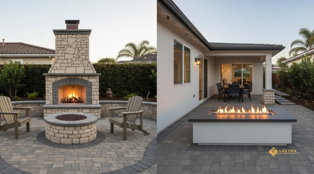 Comparison of fire pit and outdoor fireplace costs, code requirements, and maintenance in an Orange County backyard