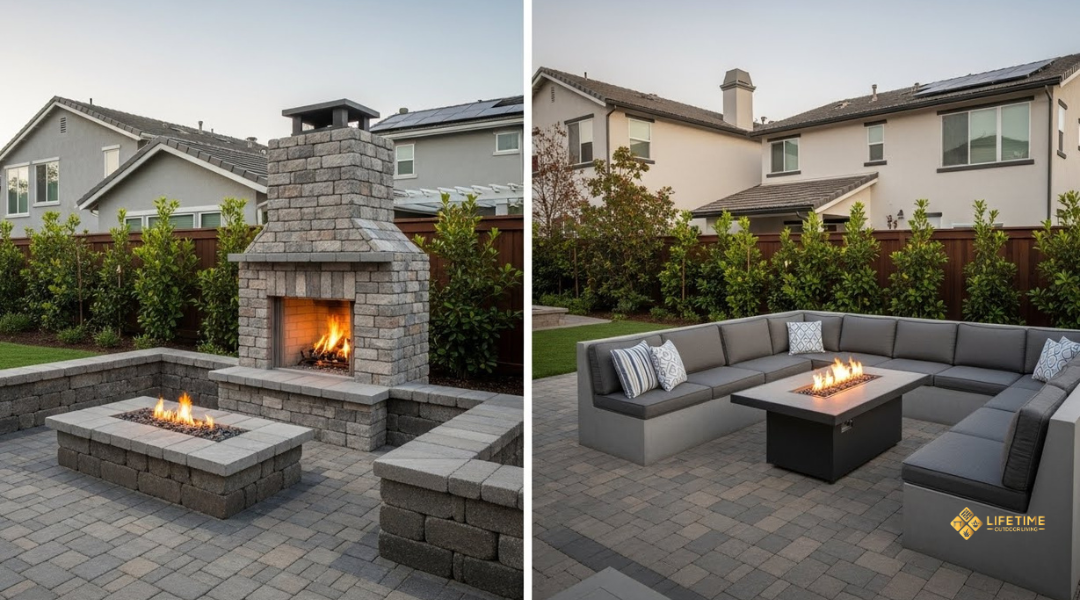 Outdoor fireplace and fire pit showing visual impact, permanence, and hardscape integration in an Orange County backyard