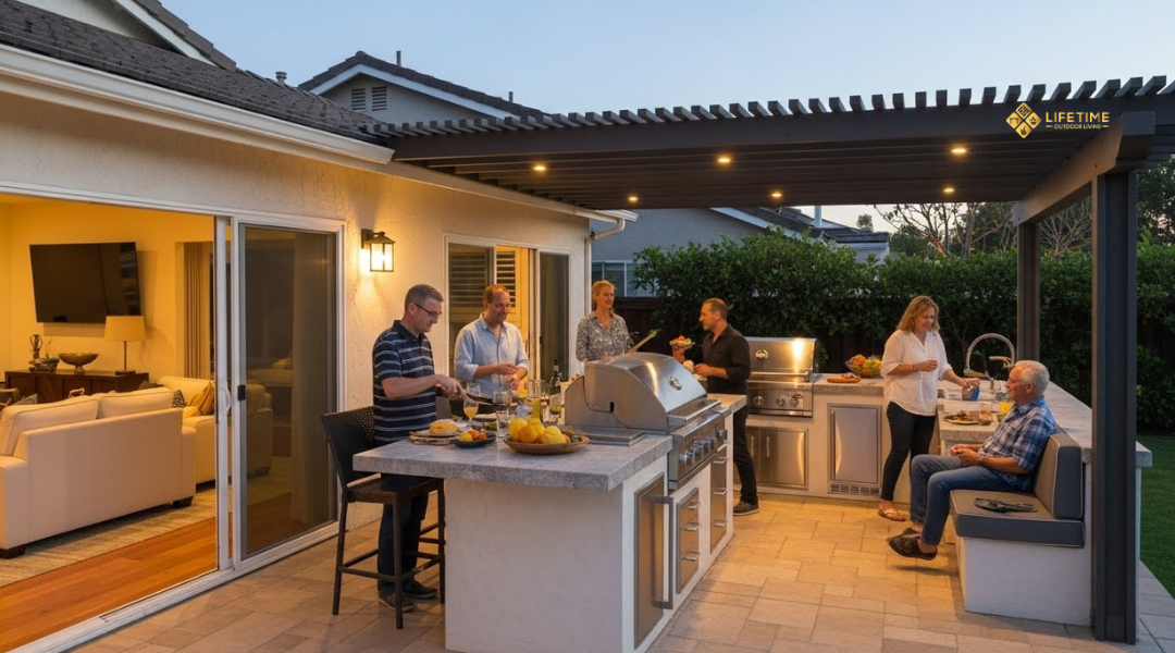 Outdoor kitchen extending backyard living space in an Orange County home with covered cooking and dining areas