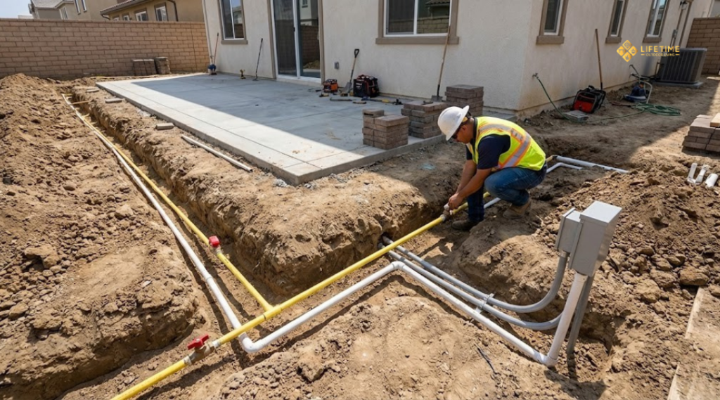 Outdoor kitchen utility installation showing gas, water, and electrical lines before paving in Orange County